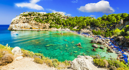 azure beautiful  beaches of Rhodes island, Greece - obrazy, fototapety, plakaty