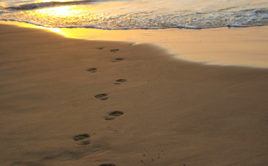 Footsteps leading into the ocean at sunrise