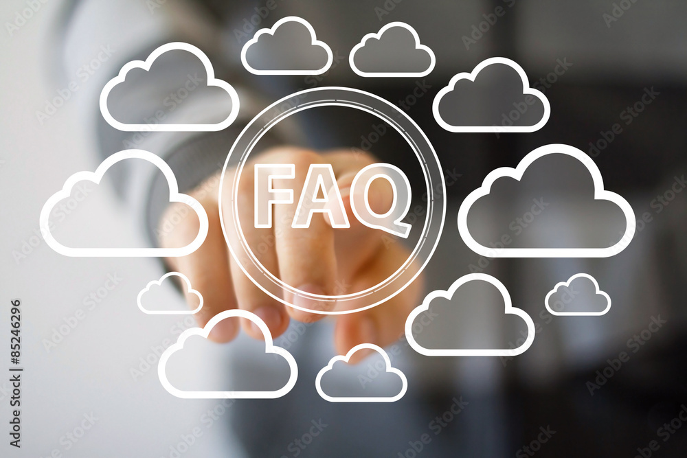 Poster businessman pushing web button faq symbol cloud network