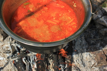 Hungarian goulash in cauldron plan view