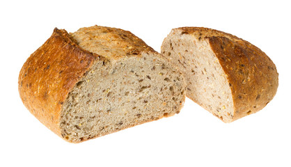 Artisan whole wheat bread isolated against white