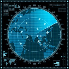 Blue radar screen with planes and world map