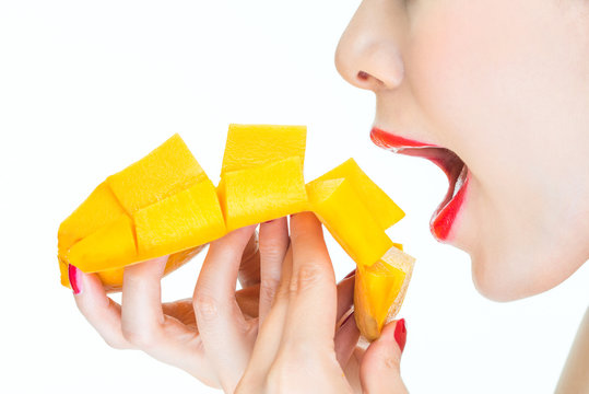 Woman Eating Mango, Sexy, Healthy, Lipstick, Desire, Bite