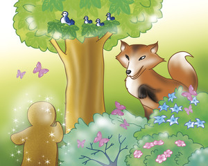 Gingerbread boy talking with fox in the wood. Digital illustration of the gingerbread boy fairy tale.