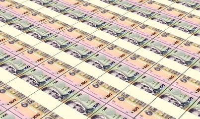 Uruguay peso bills stacks background.