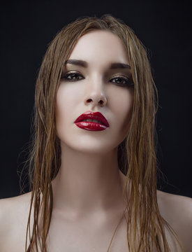 Red lips wet hair Women Makeup Beauty