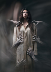girl in a dirty robe, hand of death, nightmares, insomnia, a mentally ill woman, halloween theme,...