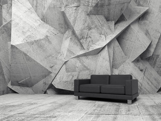 Abstract interior, concrete room with black sofa
