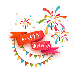 Red ribbon with Happy birthday title. Vector illustration