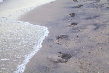 Traces of bare feet on wet sea sand