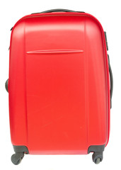 red suitcase with blue hat