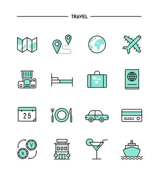 set of flat design, thin line travel icons