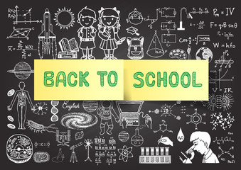 Hand drawn back to school doodles on chalkboard with post it.