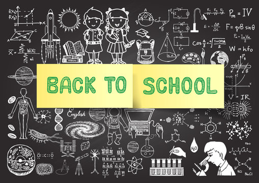 Hand drawn back to school doodles on chalkboard with post it.