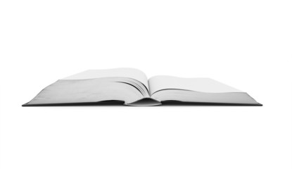 Blank open book rendered on white background