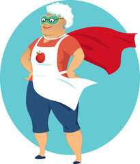 Super grandma, cartoon old lady in an apron and a superhero cape, no transparencies, EPS 8