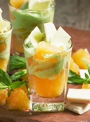 Peppermint ice cream with orange and white chocolate, selective