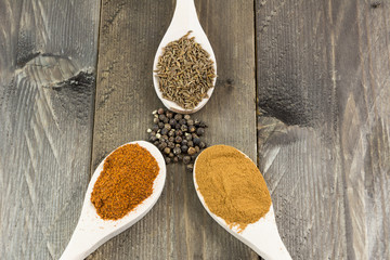 Close up of various powder spices on wooden spoons