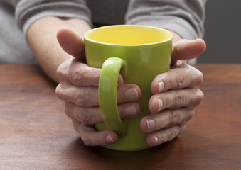 closeup on female hands holding a coffee mug for comfort at home