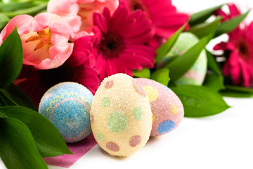 Flower Bouquet of Gerbera Daisies, Tulips and Easter Eggs