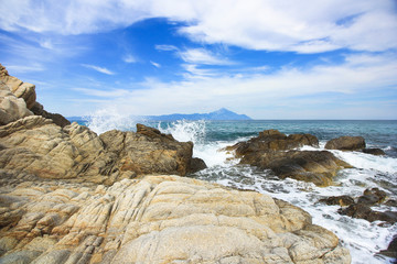Fototapeta na wymiar Athos. View from the Platanitsi beach in the Sithonia, Halkidiki