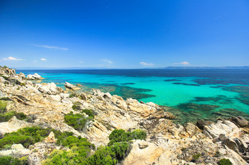 Rocky coastline and a beautiful clear water at Halkidiki Sithoni