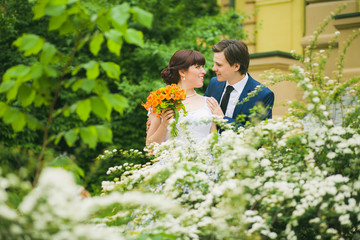 Happy bride and groom on their wedding day