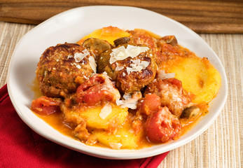 Baked Polenta, Meatballs & Stewed Tomatoes