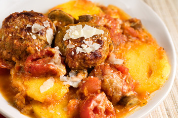 Baked Polenta, Meatballs & Stewed Tomatoes