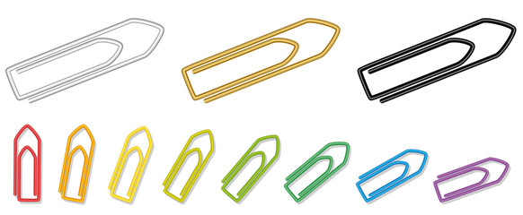 Paper clips - metallic silver, golden, black and rainbow colored realistic looking collection. Isolated vector illustration on white background.