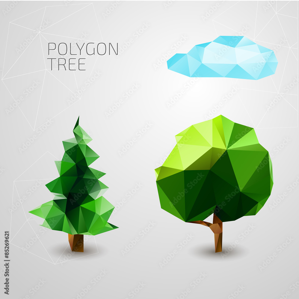 Poster set of polygons trees. spruce, cloud . vector