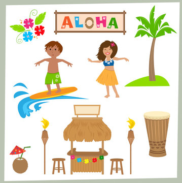 Aloha Set - Cute Hawaiian set of tiki bar, drum, surfer, hula girl and more. Eps10