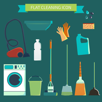 Flat vector color character set. House cleaning and laundry. Vec