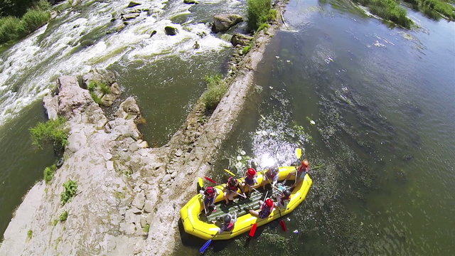 
River and tourists with boats for  rafting. Aerial view
