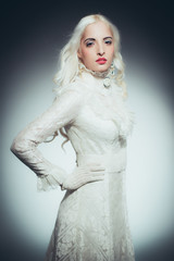 Portrait of Woman Dressed in White Victorian Gown