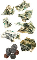 Crumpled US currency Cash & Coins Design Elements, isolated on white. 