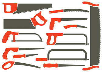 Silhouettes of different hand saws.