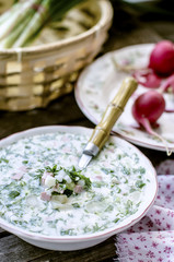 Cold soup with cucumber, dill, parsley and sour cream.