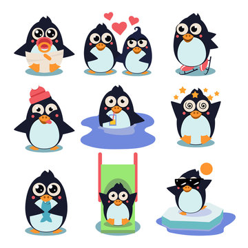 Penguin Set Vector Illustration, with Penguins in Different