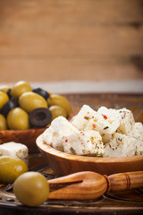 Cubed feta cheese with olives
