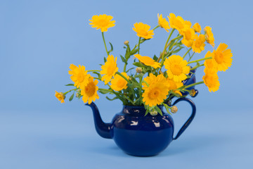 Bouquet yellow flowers on blue background