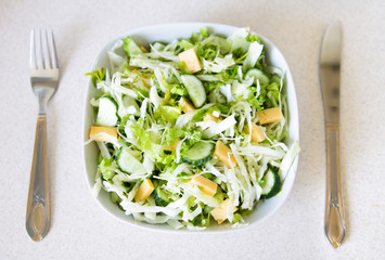 Fresh spring salad made of cucumbers, cabbage, cheese and lettuce.