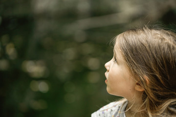 Little girl watching trees, skies and birds in awe