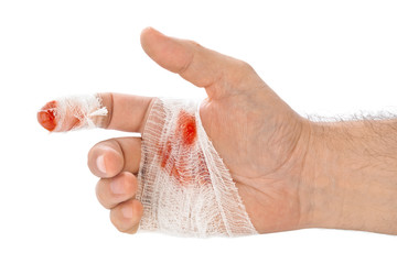 Hand with blood and bandage