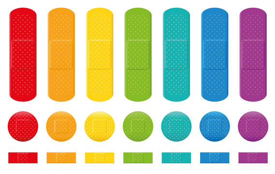 Plaster collection - seven different colors, three various sizes. Isolated vector illustration on white background.