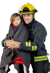 Portrait of a fireman holding a young girl on white