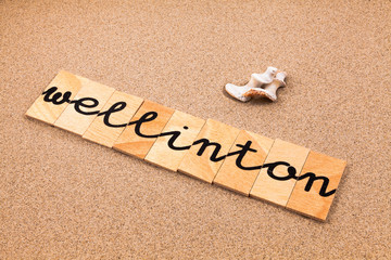 Words formed from small pieces of wood containing a sun and beach tourist destination, Wellington © andongob