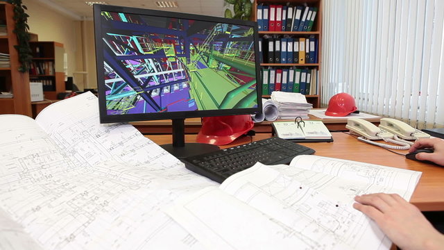 3d working in engineering office, human hands and blueprints on table, time lapse
