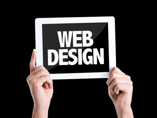 Tablet pc with text Web Design isolated on black background