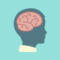 Child's head profile silhouette with a brain in pastel vintage colors. 